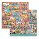 A sheet of scrapbooking paper with a brick wall background covered in colorful graffiti-style words and numbers, shown with a smaller inset preview of dog illustrations and street art on the right side. The sheet includes text such as 'Funky', 'Guru', 'Vibe', 'Wild', 'Speak', 'Pop', 'Bang', 'Oeps', 'Hey', 'Flow', 'Hype', 'Fun', 'Classic', 'MIX', and '1234567890'.