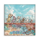 A square wall art print featuring a whimsical illustration of several dogs standing on a brick wall with a city skyline and graffiti background. The print is shown against a clean white backdrop.