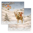 Winter scene with two children riding a deer, surrounded by snow-covered trees and gift boxes.