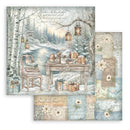 Winter scene with a table, chairs, and lanterns in a snowy landscape.