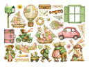 A collection of vintage-style watercolor illustrations featuring cute animals, boats, a hot air balloon, a pink car, a windmill, a mailbox, flowers, and handwritten notes on a white background.