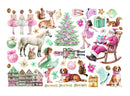 A collage of watercolor-style Christmas and winter illustrations on a white background, including ballerinas, a deer, squirrels, a horse, a girl in pink and green dresses, Santa Claus in a rocking chair, ornaments, stockings, a dog, a cat, houses, stars, and gift boxes.