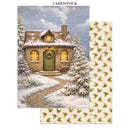 A Christmas-themed cardstock set featuring a large central card with an illustration of a snowy cottage and pine trees, alongside two narrower cards showing a repeating holly and berry pattern on a cream background. The word 'CARDSTOCK' appears at the top.