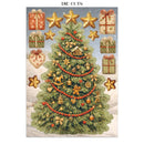 A Christmas-themed die cut sticker sheet featuring a decorated green Christmas tree with red garlands and ornaments, surrounded by gold stars and wrapped gift boxes on a snowy light blue background. The text 'DIE CUTS' appears at the top.