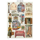 Collection of vintage-themed cutouts including a streetcar, hotel sign, and architectural elements on a white background.