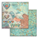 Two square scrapbook paper sheets with a distressed, grunge aesthetic. The top sheet features a collage of colorful hearts, peace signs, graffiti-style text, and torn paper revealing a brick pattern.
