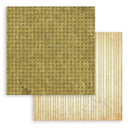 Two pieces of patterned paper, one green with intricate design and one beige with striped pattern, on a white background.