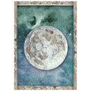 A framed art print featuring a detailed illustration of the moon against a starry teal and blue cosmic background, enclosed in an ornate light beige frame.