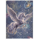 A fantasy artwork of a white winged horse, or Pegasus, flying through a star-filled space with a spiral galaxy in the upper right, shown on a white background.