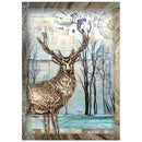 A square art print or decorative panel featuring a detailed illustration of a stag with large antlers standing in a winter landscape. The artwork has a textured, collage-like background with blue water, bare trees, faint architectural elements, and distressed beige and brown borders.