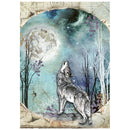 A square art print or decorative panel featuring a howling wolf in front of a large full moon, with a starry night sky, bare trees, and a parchment-like border. The artwork uses blue, teal, beige, black, white, and muted purple tones.
