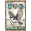 A framed mixed-media art print featuring a detailed illustration of a bird in flight, with three circular textured elements at the top and a rustic wood frame around the artwork.
