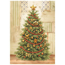 Decorative Christmas tree with ornaments on a vintage-style background