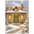 Snowy stone house with a wreath on the door, surrounded by trees and snow.