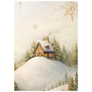 A winter landscape illustration featuring a small cozy cabin with glowing windows on a snow-covered hill, surrounded by evergreen trees under a soft snowy sky with gold snowflake motifs.