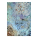 A rectangular art print featuring an abstract celestial design with a cracked stone texture, blending shades of light blue, teal, purple, and gold. The print includes astrological elements such as a zodiac wheel and constellations, and is shown centered on a white background.
