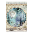A vertical art print or canvas featuring a circular window-like view into a dreamy night forest scene. The artwork shows a large moon, blue and teal sky, white birch-like trees, and purple floral accents, surrounded by a distressed beige parchment-style border with handwritten notes and wood textures.