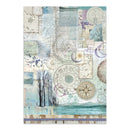 A square mixed-media collage art print featuring celestial designs, zodiac signs, compass roses, handwritten notes, and tree silhouettes in soft pastel tones of blue, beige, and purple.