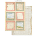A sheet of scrapbook cardstock with a vintage collage design, featuring six decorative frames with various patterns and illustrations, shown alongside a second sheet displaying a grid pattern. The text 'CARDSTOCK' is printed at the top.