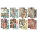 A collage of multiple textured scrapbook paper designs labeled with the brand name 'CALICOSTOCK' at the top of each sheet. The designs feature vintage patterns including brick walls, graffiti, window frames, newspaper clippings, and abstract splatters in muted earthy tones of beige, brown, red, green, and blue.