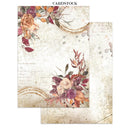 Two overlapping cardstock sheets with a vintage floral design. The background is a distressed cream color with faint script and map-like textures, decorated with watercolor-style roses and leaves in muted orange, burgundy, and mauve tones.
