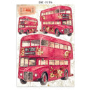 A sheet of die-cut decorative paper featuring three vintage red double-decker buses with floral illustrations on a cream map-patterned background. The sheet includes a small red bus ticket graphic in the top left and the text 'DIE CUTS' centered at the top.
