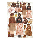 A sheet of vintage-style die-cut stickers featuring illustrated women in floral dresses, hats, boots, perfume bottles, lipstick cases, and small accessories, with the text 'DIE CUTS' at the top on a light patterned background.