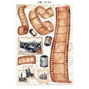 A sheet of vintage-themed die-cut stickers featuring watercolor film reels, film strips, camera canisters, and small black-and-white cityscape photos on a beige map-patterned background. The text 'DIE CUTS' appears at the top.