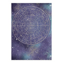 A square art print featuring a detailed celestial zodiac and constellations chart in white lines over a deep purple and blue starry galaxy background.