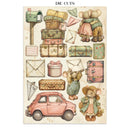 A sheet of vintage-style die-cut stickers featuring teddy bears, suitcases, envelopes, a mailbox, paper airplanes, and a pink car on an aged cream background. The sheet is labeled 'DIE CUTS' at the top.