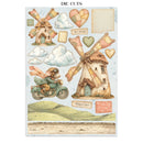 A sheet of die-cut stickers featuring a vintage, cozy illustration style with two patchwork windmills, a mouse riding a green scooter, clouds, hearts, hills, and labels including 'So cozy' and 'Together'.