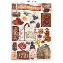 A sheet of vintage-themed die-cut stickers featuring retro travel elements like a film strip, camera, hat, suitcase, passport, London travel guide, flowers, and postcards on an aged paper background.