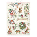 Sheet of Christmas-themed stickers featuring rabbits, birds, flowers, and wreaths on a white background.