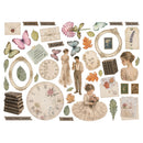 A collection of vintage-style decorative stickers or decal elements arranged on a plain white background, including butterflies, leaves, envelopes, books, clocks, portraits, and labels in soft muted pastel and sepia tones.