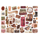 A collection of vintage-themed scrapbooking or journaling stickers arranged on a white background, featuring illustrations of suitcases, a pink telephone booth, a rose, stamps, envelopes, boots, a camera, and floral elements.