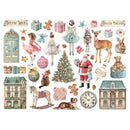 A sheet of watercolor-style Christmas-themed stickers or decals featuring ballerinas, Santa Claus, a nutcracker, deer, rabbits, ornaments, gifts, stars, a rocking horse, houses, a clock, and holiday text reading 'WITH LOVE' and 'WINTER DREAMS' on a white background.