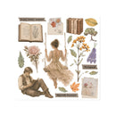 A sheet of vintage-style decorative stickers or decals featuring an illustrated woman sitting on a swing, an open book, flowers, books, leaves, and small text labels such as 'Enjoy every moment,' 'Friend,' and 'Nature's Embrace' on a white background.