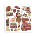 A square collage of vintage travel-themed illustrations on a white background, including a woman reading a map, a red double-decker bus, suitcases, a camera, binoculars, flowers, feathers, and tickets.