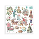 A square sheet of vintage-style Christmas and holiday illustrations on a white background, featuring a pink upholstered chair, blue bird, rabbit, boots, nutcracker, sleigh, deer, flowers, stars, ornaments, and a decorated Christmas tree.
