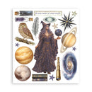 A sheet of wizard-themed sticker or decal designs on a white background, featuring a witch in a star-speckled robe, planets, stars, an owl, a feather, bottles, books, and a galaxy illustration.