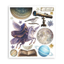 A celestial-themed sticker sheet featuring a winged figure riding a white horse, a telescope, planets, stars, a bird, an open book, and other space motifs on a white background.