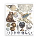 A white art print featuring a collection of celestial and nature illustrations, including a bear, a winged horse, planets, a globe, moon phases, a compass, and stars, arranged on a white background.