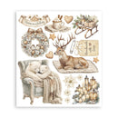 Set of decorative stickers featuring a wreath, deer, bears, and lanterns on a white background.