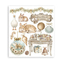 A watercolor-style holiday collage print featuring a white goose, rabbits, deer, ornaments, candy canes, a decorated table with pastries, gifts, a bell, pinecones, and a garland, all arranged on a white background with the phrase 'Stay where it's warm' in an ornate banner.