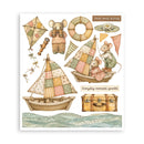 A sheet of vintage-style illustrated stickers or decals featuring teddy bears and mice in patchwork sailboats, a kite, a life preserver, flags, a small boat, a trunk, and wavy line-art waves, with text reading 'just keep going' and 'Everyday moments sparkle' on a white background.