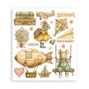 A square art print featuring a collection of vintage-style illustrations, including two embroidered-style mice, a patchwork airplane, a patchwork kite, a patchwork hot air balloon, a patchwork sailboat, flowers, luggage, and small text banners on a white background.