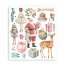 A sheet of Christmas-themed watercolor illustrations on a white background, featuring Santa Claus, a deer, a nutcracker, gifts, ornaments, flowers, and holiday motifs with the text 'Joyful Christmas'.