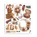 A sheet of watercolor-style vintage illustrations featuring a woman sitting on a suitcase reading, feathers, a bouquet of flowers, an open suitcase with cosmetics, a bird, a handbag, leaves, and small text reading 'TRUE FRIENDS SOULMATES'.
