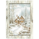 Winter scene with a snow-covered cabin in the woods, framed with wooden elements.