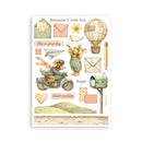 A square art print or card featuring a whimsical vintage illustration with the text 'Because I love You' and 'Hugs.' The design includes a child riding a green scooter, a figure carrying a large envelope, envelopes, a hot air balloon, a pencil, a mailbox, a flower, and small decorative patches in soft pastel tones on a white background.